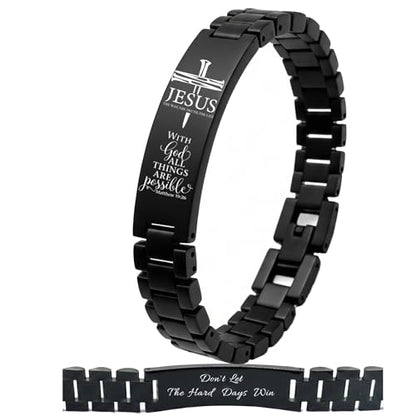 Bible Verse Bracelets Inspirational Christian Wristbands Graduation Gifts to Son Men Dad Father Husband Boyfriend Encouragement Jewelry Adjustable Stainless Steel Bracelet - style: MATTHEW 19:26(DON'T LET THE HARD DAYS WIN)