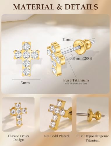 Limerencia Titanium Stud Earrings, Cross Earrings for Sensitive Ears - color: Gold +Butterfly Back with CZ