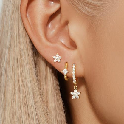 Angelady Gold Hoop Earrings Set for Women, Dainty 14K Gold Plated Flower Moon Cross Dangle Earrings, Hypoallergenic Huggie Hoop Earring Stacks, Stud Earrings for Women Trendy Jewelry Gift - color: Gold1