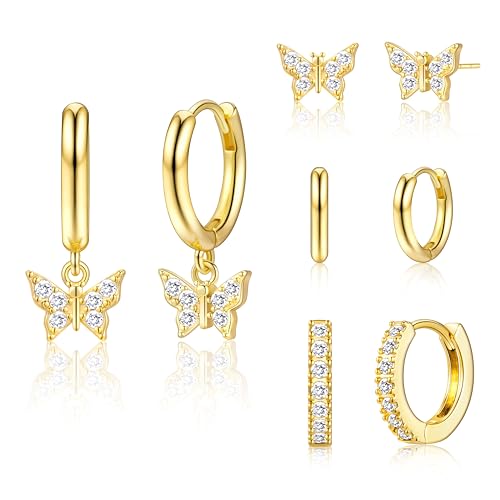 Small Gold Huggie Hoop Earrings Set for Women Men Hypoallergenic 14K Plated Stack Cartilage Earrings, Sterling Silver Multiple Piercing Lightweight Mini Thin Cute Dainty Trendy Jewelry Gifts for Women - color: Gold-Butterfly