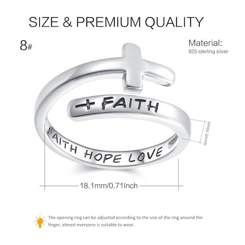 Cross Faith Ring,Sterling Silver Adjustable Open Faith Cross Religious Ring Christian with "Faith Hope Love" Inspiring Incentive Jewerly Gifts for Women