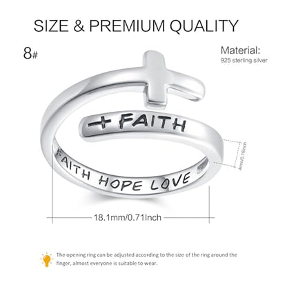 Cross Faith Ring,Sterling Silver Adjustable Open Faith Cross Religious Ring Christian with "Faith Hope Love" Inspiring Incentive Jewerly Gifts for Women