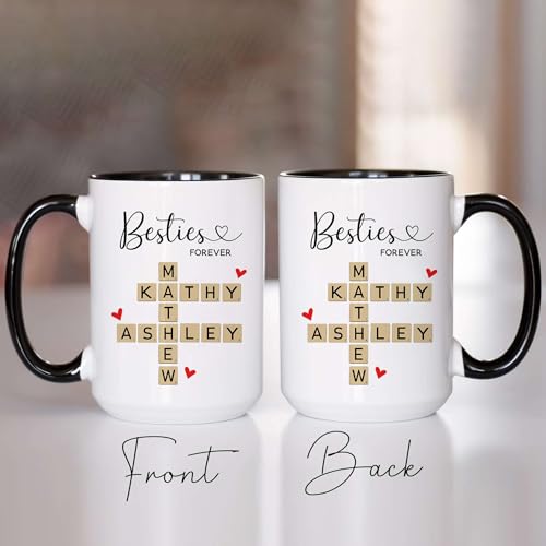 Personalized Besties Forever Mug - Custom Besties Names Crossword Puzzle Mug - Peronalized Sisters Names - Birthday Gift For Best Friend - Long Distance Besties Cup - color: SCRABBLE-M1