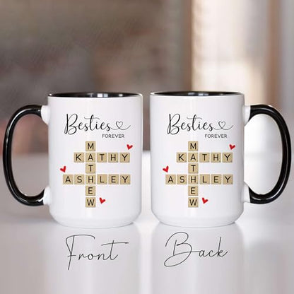 Personalized Besties Forever Mug - Custom Besties Names Crossword Puzzle Mug - Peronalized Sisters Names - Birthday Gift For Best Friend - Long Distance Besties Cup - color: SCRABBLE-M1