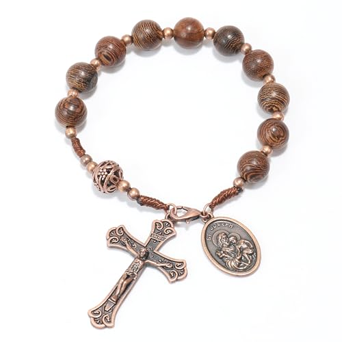 Nazareth Store Wood Beads One Decade Rosary Handmade Pocket Car Mirror with Saint Medal and Jesus Cross in Antique Bronze Wooden Travel Friendly Rosary - style: Jesus Cross with St. Joseph medal