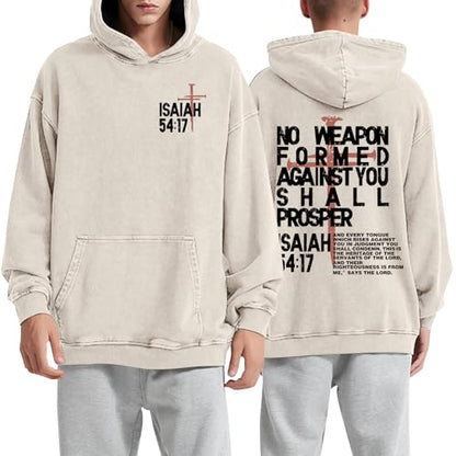 Christian Hoodies Men Jesus No Weapon Formed Against You Sweatshirts Faith God Oversized Acid Wash Graphic Pullover - color: Apricot, size: X-Large