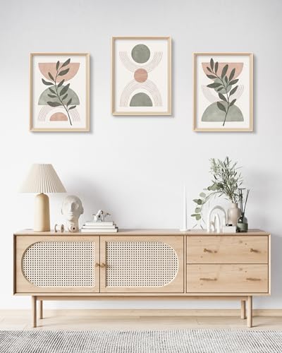 HesenDot Boho Sage Green Framed Wall Art, 12x16IN High Wood Frame Design - color: High Frame Green Neutral Leaf