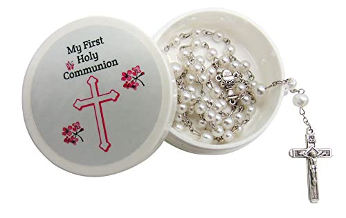 White Glass First Communion Rosary Catholic Deluxe Set with Case for Ladies
