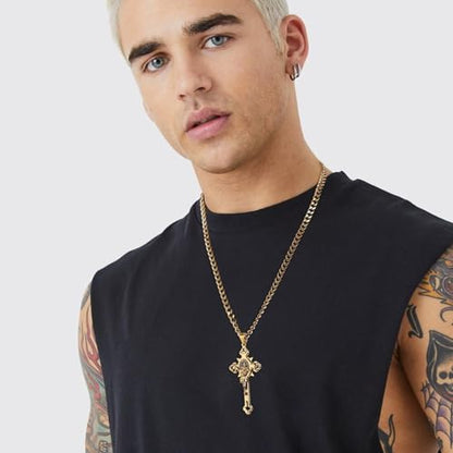 HZMAN Stainless Steel St. Benedict Crucifix Cross Necklace for Men - color: Large Gold