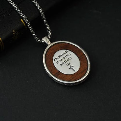 ONEFINITY Wooden Necklace Viking Wolf/St Benedict Medals/St Michael/Crucifix/St Christopher Pendant Necklace for Men Archangel Amulet Wooden Religious Jewelry Gifts for Men Women - style: St Michael-Round