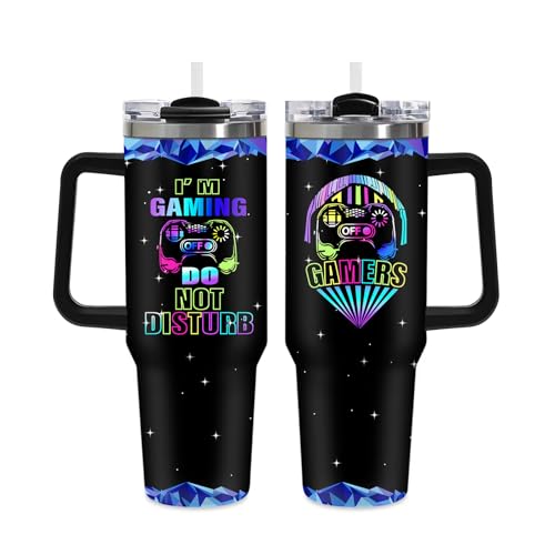 40oz Gamer Insulated Tumbler, Gaming Gifts for Boys Teenager Men, Gradient Gamepad Coffee Mug, Double Wall Stainless Steel Travel Cup with Handle Straw, Game Controller Present for Son Teen Birthday - color: Game-D-76
