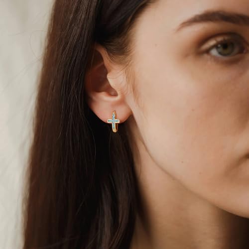 LOYATA Gold Cross Earrings for Women-14K Gold Plated Small Hoop Huggie Earrings Dainty Trendy CZ Cross Hoop Earring Cute Hypoallergenic Hoops Jewelry Gifts for Women Mothers Day Gifts for Mom - color: Turquoise