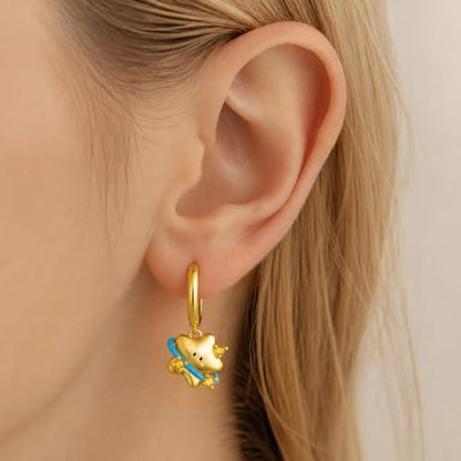 925 Sterling Silver Cute Animal Unique Huggie Hoop Earrings for Women - color: Gold Smiley Star