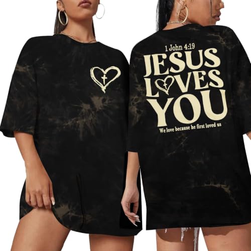 Christian Shirts for Women Oversized Faith Jesus Shirt Inspirational Tops - color: Tie-dyed Grey, size: Large