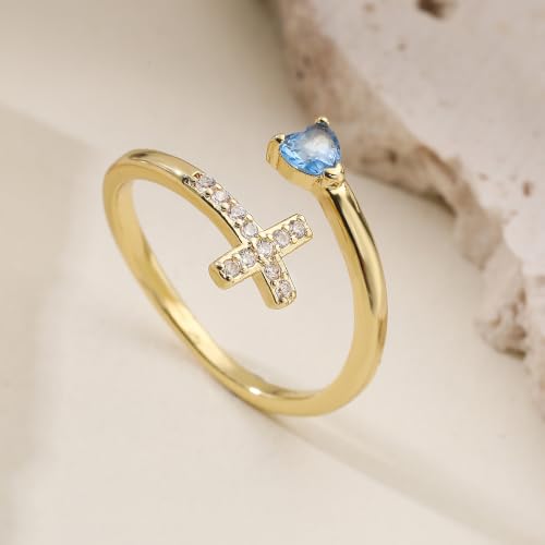 14K Gold Plated CZ Cross Heart Ring Eternity Promise Jewelry for Her - style: Blue Stone