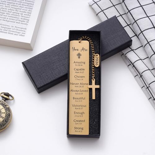 2026 Religious Bible Verses Bookmark with Cross Charm, Faith-Based Gift for Readers, Stainless Steel Christian Affirmation Book Mark, Bible Confirmation Accessories for Him Her, Gold - style: Gold