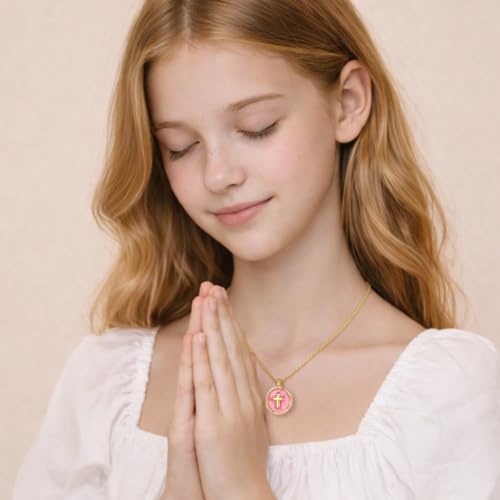 Gold Enamel Mini Cross Necklace Tiny Mother of Pearl Cross Necklace Religious Christian Gift for Baptism First Communion Christmas - color: bless this girl cross necklace-pink