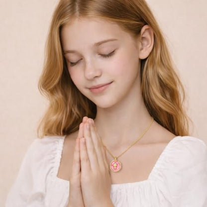 Gold Enamel Mini Cross Necklace Tiny Mother of Pearl Cross Necklace Religious Christian Gift for Baptism First Communion Christmas - color: bless this girl cross necklace-pink
