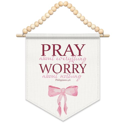 FLVGE Coquette Pink Bow Christian Wall Art Decor, Pray About Everything Wooden Canvas Banner, Boho Wood Beads Bible Verses Bow Wall Art Decor Hanging Pennant Flag for Dorm,11x14 - color: 01-Pink Bible(02)