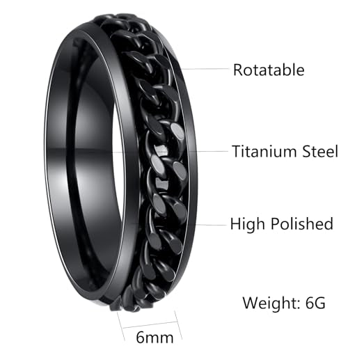 Mens Fidget Rings Anxiety Ring for Men 6mm 8mm Chain Spinner Ring Size 5-14 - color: Titanium Black Black