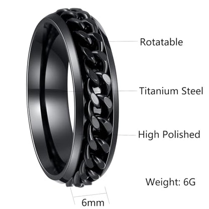 Mens Fidget Rings Anxiety Ring for Men 6mm 8mm Chain Spinner Ring Size 5-14 - color: Titanium Black Black