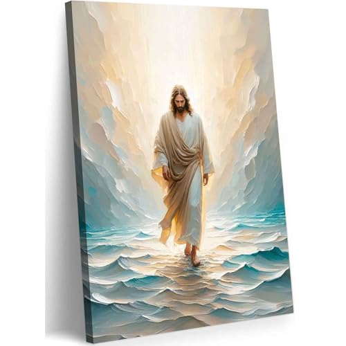 CXKAWM Jesus Wall Art, Walking On Water Canvas Prints, 12"x16" - color: Jesus Walking Wrapped Canvas, size: 12x16in