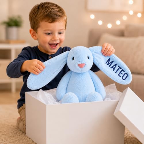 Personalized Embroidered Blue Stuffed Bunny, Plushies, Bunny Toys, Baptism Gifts for Boys, Bunny Stuffed Animal, Cute Plushies, Baby Boy Gift, Loveys for Babies, Plushy (Blue Bunny) - color: Blue Bunny