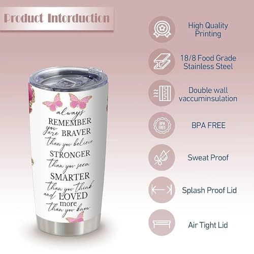 20oz Pink Agate Butterfly Brave Insulated Stainless Steel Tumbler with Lid - color: 1 Count (Pack of 1)-Always remember