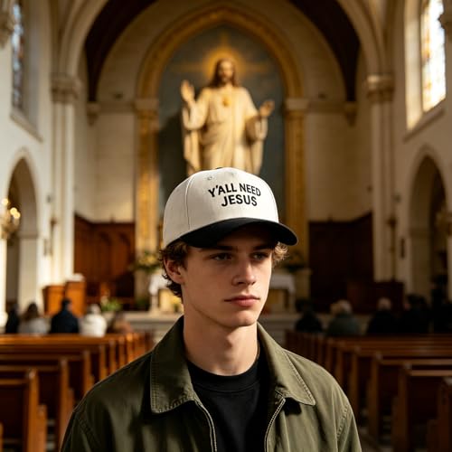 Embroidered Christian Two-Tone Baseball Cap for Men & Women, Adjustable Dad Hat Christmas Easter Gift - color: Y'all Need Jesus, Black/Beige