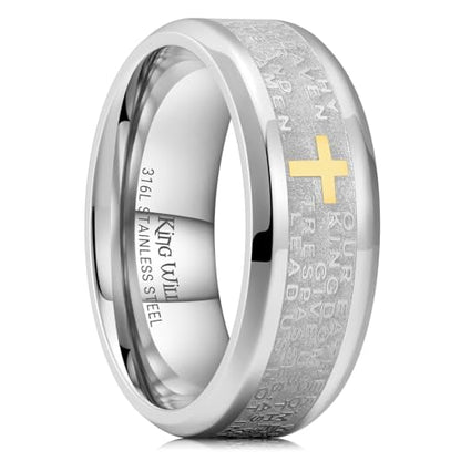 King Will Stainless Steel Men Ring Lord's Prayer Cross Ring Stainless Steel Men Wedding Ring, Wedding Band Bible Engraved Rings High Polished, Comfort Fit - color: SILVER