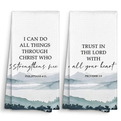 Boho Christian Bible Inspirational Kitchen Towels 16x24 Set of 2, Mountain Woodland Dish Towels Cloths Dishcloths Tea Towel Gifts, Philippians Proverbs Bathroom Kitchen Hand Towel Decor - color: Mountain