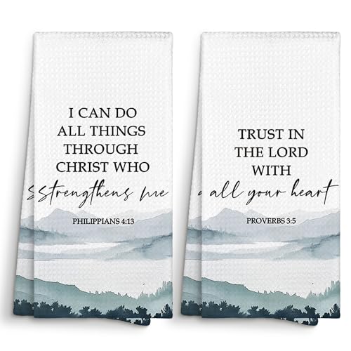 Boho Christian Bible Inspirational Kitchen Towels 16x24 Set of 2, Mountain Woodland Dish Towels Cloths Dishcloths Tea Towel Gifts, Philippians Proverbs Bathroom Kitchen Hand Towel Decor - color: Mountain