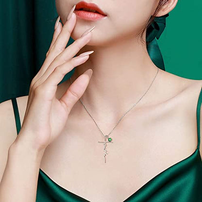 PRAYMOS Faith Cross Necklace for Women 925 Sterling Silver Pendant Necklace With Birthstone Initial Christian Religious Confirmation Baptism Mothers Day Gifts - color: 2-Silver May(Emerald)