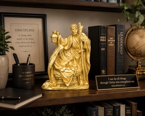 Holy Family Nativity Statue Resin Christmas Tabletop Decor Metallic Gold Religious Figurine for Mantel Shelf Centerpiece Christian Home Decorations 12" x 9"