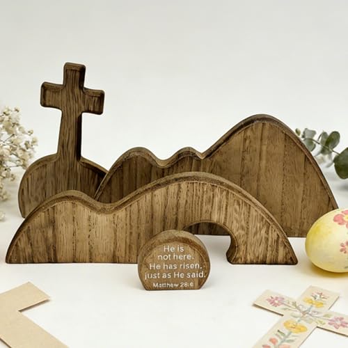 Wooden Empty Tomb Easter Christian Decoration, Religious Resurrection Scene - color: Brown-4 Pieces