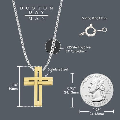 Men's Cross Pendant Necklace in 316L Stainless Steel Interlocking Woven Cross on 24” Curb Chain, Choice of Color - color: Yellow Gold Stainless Steel