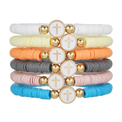 Fuqimanman2020 6 Pcs Cross Clay Beaded Bracelets Colorful Christian Cross Bracelets for Women - color: A