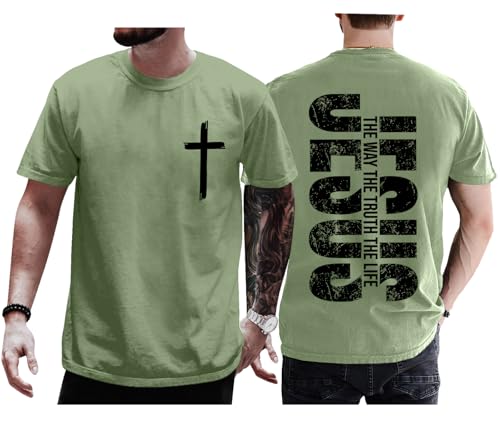 Christian Shirts for Men Women The Way The Truth and The Life Shirt Jesus Faith Cross Graphic Tee Short Sleeve Tops - color: Green, size: Large