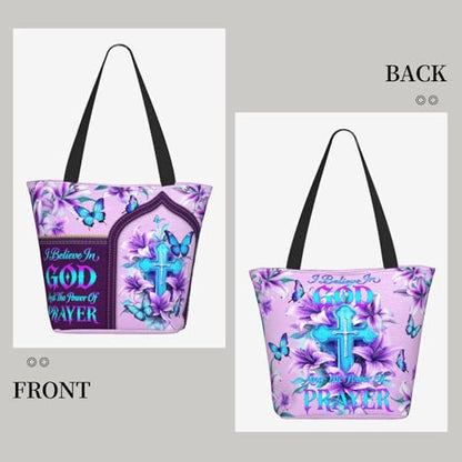 Bible Tote Bags for Women Christian Tote Bag Church Shoulder Bag Inspirational Bags With Zipper Christian Gift - color: I Believe in God