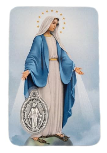 VILLAGE GIFT IMPORTERS Holy Prayer Card with Built-In Medal Pendant | Laminated Full-Color Prayer Card | Great Variet(Blessed Mother/Miraculous Medal Prayer Card with Medal) - color: Blessed Mother/Miraculous Medal Prayer Card with Medal