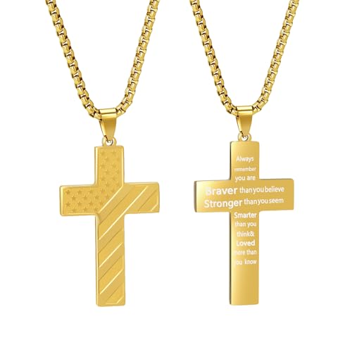 American Flag Cross Necklace for Men, Christian Confirmation Baptism Gifts - color: Gold, style: Brave Strong
