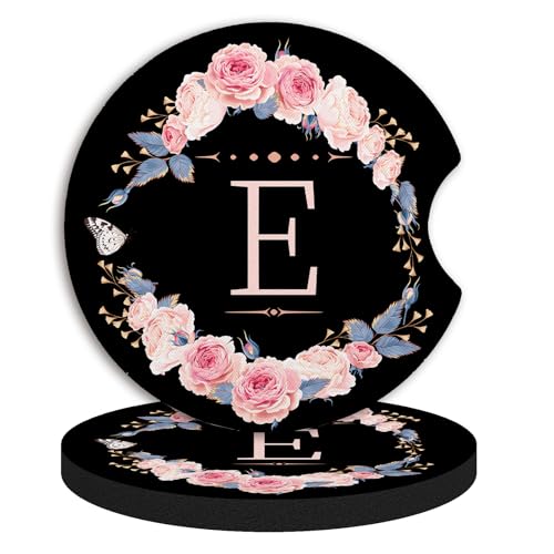 2pcs Letter E Car Coasters,Absorbent Universal neoprener Cup Holder Coasters with a Finger Notch,Car Accessories for Women&Man Interior，2.75" - color: E