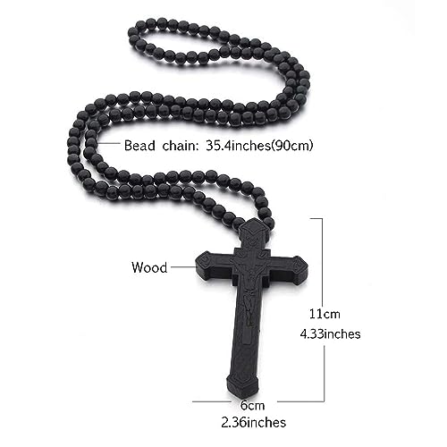 Wooden Cross Necklace For Men Beads Rosary Long Large Natural Wood Jesus Crucifix Cross Pendant Necklace 36inch Chain Religious Christian Prayer Faith Baptism Easter Handmade Jewelry - color: Black