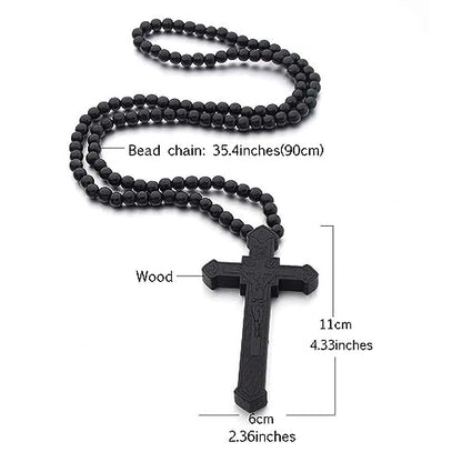 Wooden Cross Necklace For Men Beads Rosary Long Large Natural Wood Jesus Crucifix Cross Pendant Necklace 36inch Chain Religious Christian Prayer Faith Baptism Easter Handmade Jewelry - color: Black