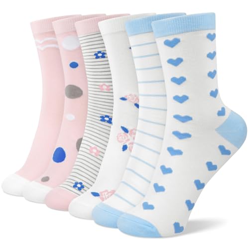 6 Pairs Crew Socks for Women, Soft Cute Funny Cotton Socks - color: Sky Candy