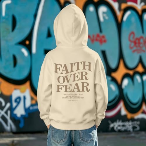 Fkatuzi Boys Christian Faith Over Fear Hoodie Kids Jesus Sweatshirt Faith Verse Bible God Religious Graphic Hoodies Pullover - color: Apricot, size: 11-12 Years