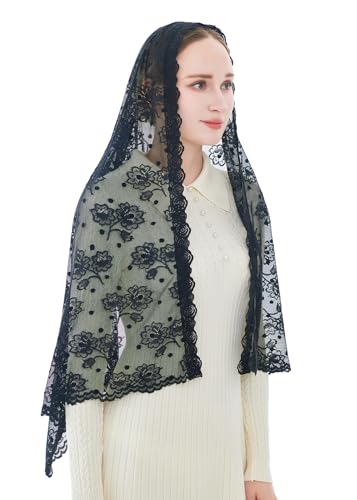 Wgior Catholic Chapel Veil – Floral Mantilla Head Covering for Church, Prayer, and Modesty – Soft Rectangular Shawl - color: Black