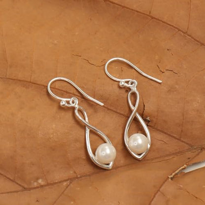 Charmsy 925 Sterling Silver Double Twisted Infinity Dangle Earrings for Women | Linear Marquise Large Loops Classic Infinity Drop Dangle Earrings - color: Infinity with Pearl