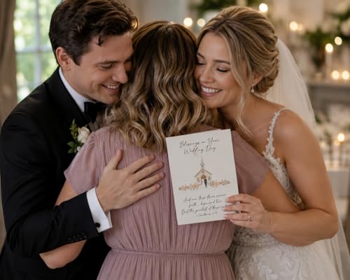 Blessings On Your Wedding Day Card for Bride and Groom | Married Couple In Front of Church Illustration with Bible Verse 1 Corinthians 13:13 | God Writes The Best Love Stories | Christian Couples | Congratulations on your Marriage For Religious Friends an