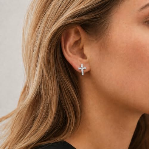 Dainty Cross Stud Earrings for Women, S925 Silver posts gold plated - color: White Gold